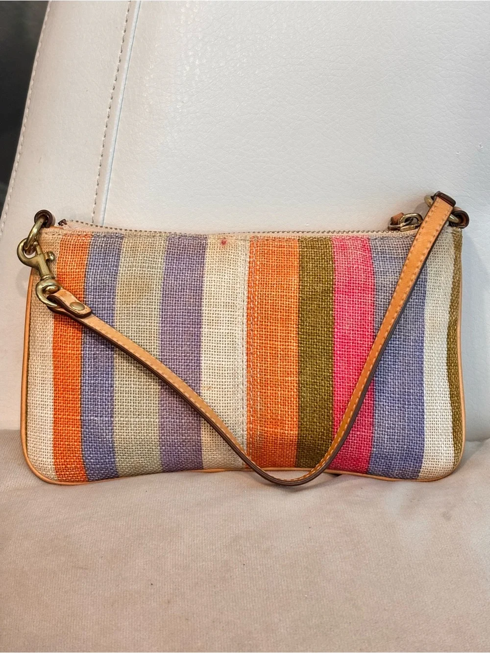 Coach Multicolor Striped Canvas & Leather Wristlet - Orange, Purple, Pink, Brown
